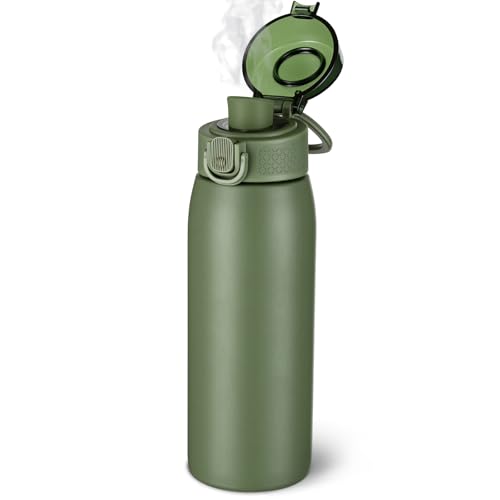 Image of Insulated Water Bottle 18 oz with Dustproof Lid, Carry Handle & Tea Infuser, BPA-Free & Leakproof, Stainless Steel Water Bottles Ideal for Fitness, Hiking, Office & Outdoor Use (Olive Green )