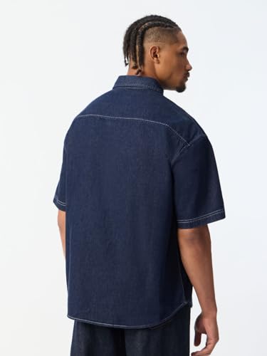 Image of The Souled Store Denim Shirt: Regal Men and Boys Short Sleeve Spread Collar Dark Blue Solid Cotton Lightweight Basic Everyday Office Wear Easy to Style Drop Shoulder Streetwear Casual Oversized Shirt