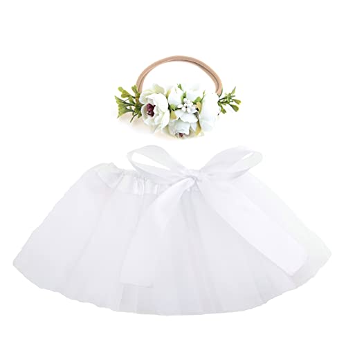 Nishine Baby flicka tyll nät tutu kjol med blomma pannband set outfit kostym cosplay, Vit, 0-24 Monate