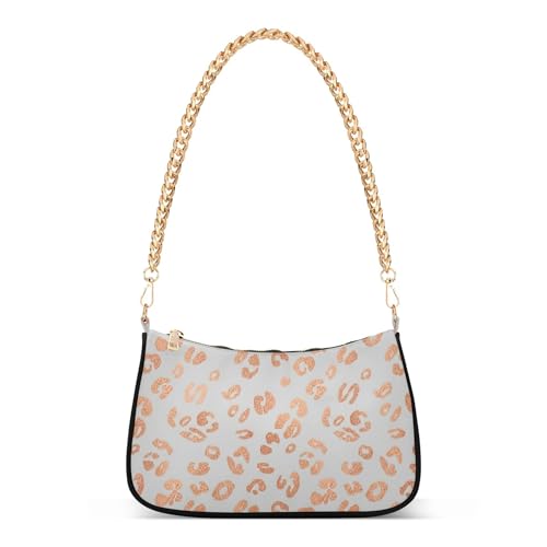 Rose Gold Leopard Spots White Tote Handbag Womens Aesthetic Shoulder Bag Hobo Clutch Purse Zipper Closure Chain Strap