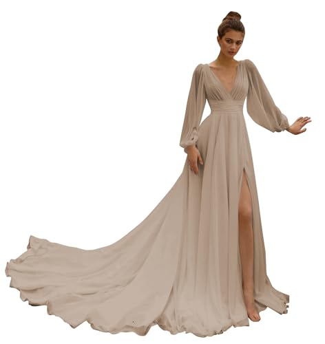 Beach Long Sleeve Wedding Dresses for Bride Long Boho Bridal Gown with Slit V Neck A Line Bridesmaid Dresses