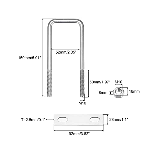 Image of uxcell Square U-Bolts, 2 Sets 52mm(2.05 inch) Inner Width 150mm Length M10 304 Stainless Steel U Clamp Bolt with Nuts and Plates, for Boat Trailer