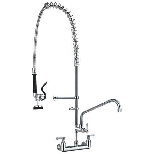 OIERZIN Commercial Kitchen Faucet with Pre-Rinse Sprayer 43 Height 8 Center Brass Constructed Wall Mount Kitchen Sink Faucet with Coiled Spring Pull Down Spray and 12 Add-on Swing Spout