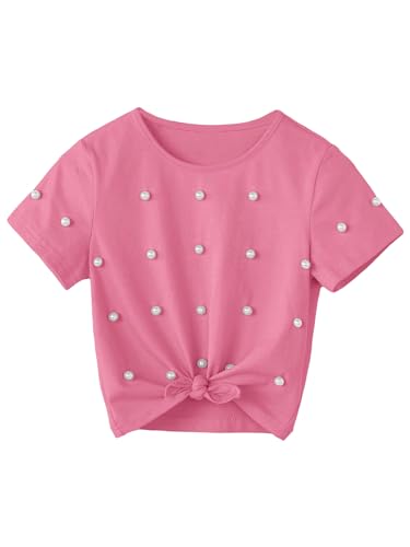 OYOANGLE Girl's Short Sleeve Round Neck Pearl Beaded Tie Knot Hem Tee Top Casual Summer Tops