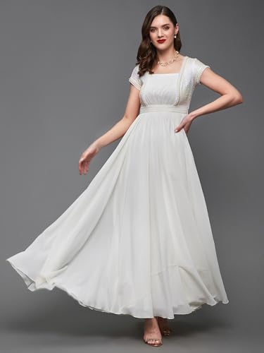 Image of Miss Chase Women's Round Neck Sleeve Embellished Fit Flare Maxi Dress