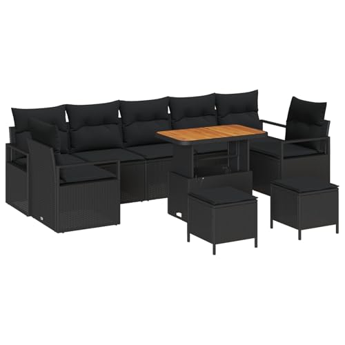 Homgoday Juego de 10 sofás de jardín con cojines de polirratán negro acacia, sofá de 2 plazas con espacio de almacenamiento y cojines de polirratán negro, juego de 3 piezas de comedor de jardín con