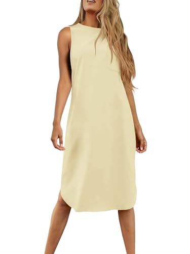 Image of Dyexces Summer Dress for Women Crew Neck Short Sleeve Solid Basic T-Shirts Casual Midi Dresses with Pocket