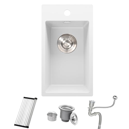 Bokaiya Petit évier de cuisine en granit blanc 28 x 50 cm pour camping-car, cuve simple, mini lavabo d'extérieur avec bonde de vidage et kit de trop-plein,...