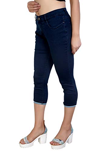 Image of FCK-3 Stretchable Denim Solid Mid Waist Knee Length Button Closure 5 Pocket Capree for Women
