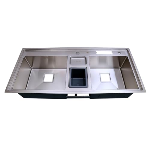 Image of CROCODILE 304 Grade 1.2mm Stainless Steel Kitchen Sink, Double Bowl with Center Dustbin, 45x20 Inch, Brushed Steel Grey, Sound-Dampening, Heavy Duty Undermount Design