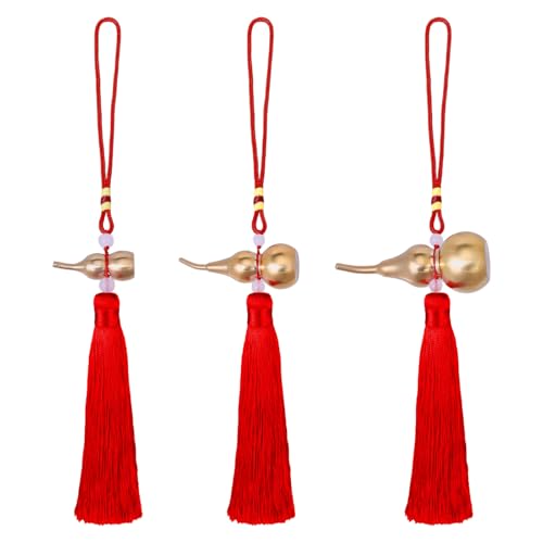 CHGCRAFT 3 Pingentes de abóbora de latão de 3 estilos, pingente de abóbora dourada Feng Shui com tira vermelha para decoração de casa, poliéster