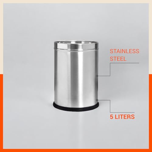 Image of Bathla Stainless Steel Leather Waste Bins | Garbage Trash Can | Round Shape| Dustbin For Home, Bathroom, Kitchen, Office |