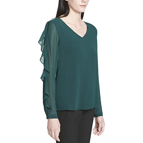 Calvin Klein Long Ruffled Sleeve Solid Crepe Blouse Malachite Medium