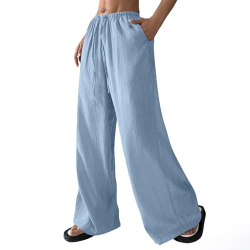 Baggy Linen Pants Women Summer Casual Comfy Elastic Waist Palazzo Pants Lightweight Breathable Trousers Pants