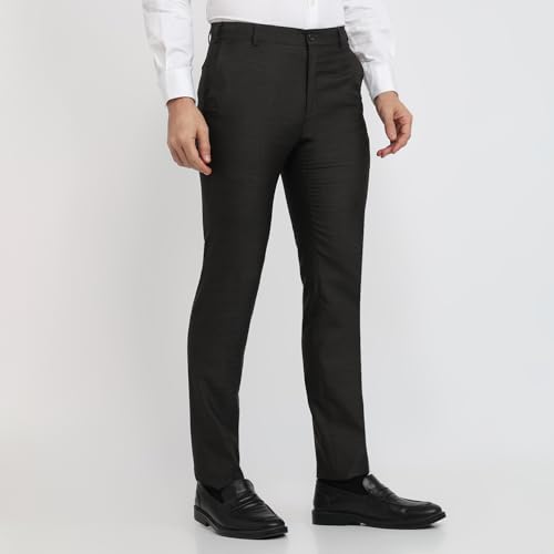 Image of Raymond Men Slim Fit Solid Pattern Poly Viscose Blend Flat Front Formal Trouser Dark Blue