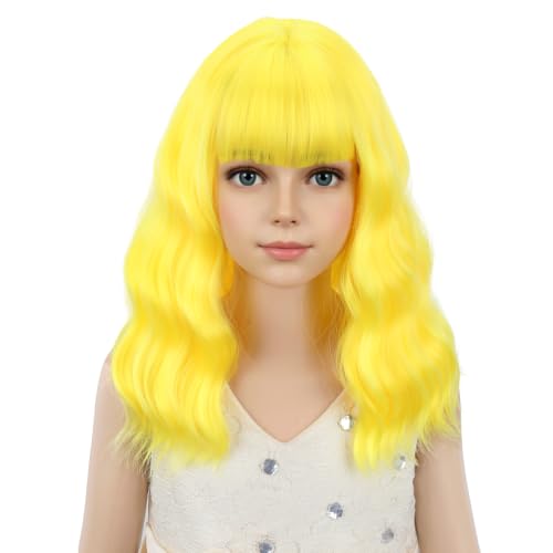 Image of PATTNIUM Yellow Wig for Kids Child Wigs Short Wavy Curly Yellow Wig with Bangs for Girls Synthetic Girls Cosplay Halloween Party Costume Wigs