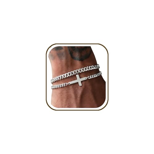 RANKEEF 2Pcs Silver Cross Bracelet for Men Sturdy Stainless Steel Mens Bracelets Non Tarnish Adjustable Cuban Link Chain for Men