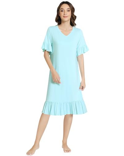 Image of NACHILA Bamboo Viscose Nightgowns for Women Short Sleeve V Neck Sleepwear