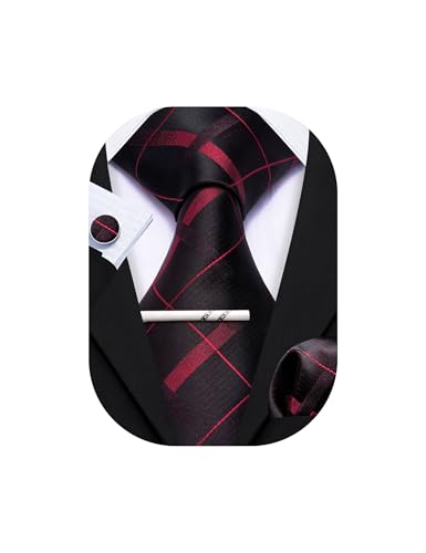 YOHOWA Black Red Tie for Men with Tie Clip Striped Silk Necktie Pocket Square Cufflinks Set Formal Business Wedding Party