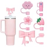 Pink Straw Cover Cap for Stanley Cup, 6pcs Silicone Flower Straw Toppers Compatible with 20 30 40 Oz Tumbler with Handle, 0.4in/10mm Cute Dust Proof Reusable Straws Stopper Accessories