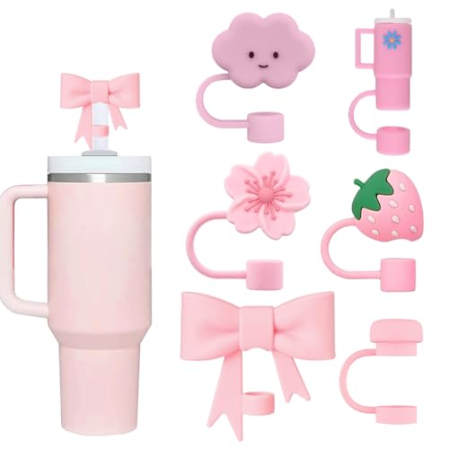 Pink Straw Cover Cap for Stanley Cup, 6pcs Silicone Flower Straw Toppers Compatible with 20 30 40 Oz Tumbler with Handle, 0.4in/10mm Cute Dust Proof Reusable Straws Stopper Accessories