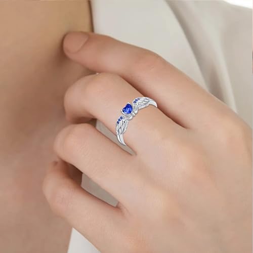 Angel Promise Ring 925 Sterling Silver Angel Wing Heart Ring for Women Angel Memorial Ring with Heart Birthstone Promise Ring Adjustable Size 72