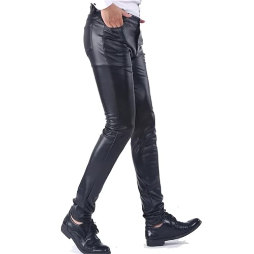 Men's Fleece Lined Leather Pants Warm Skinny Fit Elastic Pu Leather Trousers Wet Look Motorcycle Winter Pants 5