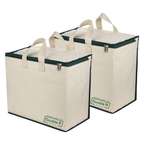 Image of DOUBLE R BAGS Multipurpose Clothes & Grocery Storage Organizer with Reinforced Cotton Handles, Zip Cover & 1 Compartment - Heavy Duty Canvas Bags (Green, 43x27.9x43 cm, Pack of 2)