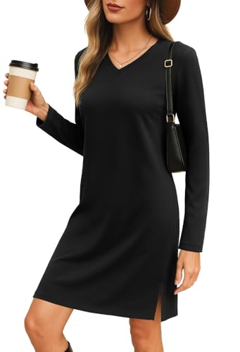 PrinStory Pulloverkleid Damen Für Herbst Winter Langarm V Ausschnitt Midikleid Elegant Strickkleid Mit Taschen Casual Sweatkleid (Schwarz, M)