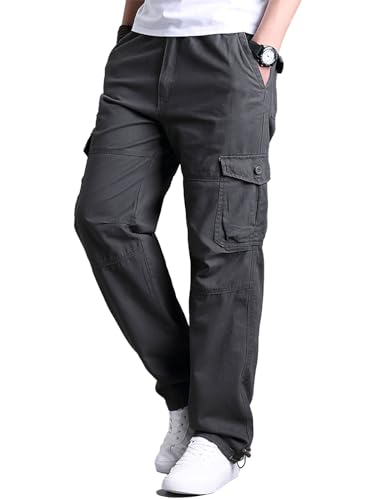 OlmecsHKEU Hommes Pantalons Coton Taille Elastique Cargo Droite avec Poches Printemps/Automne Gris M