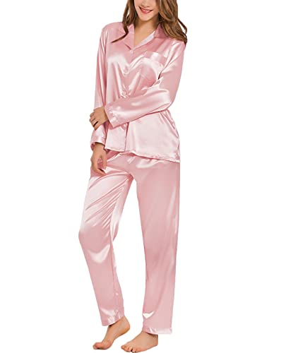 Image of SWOMOG Long Sleeve Pajamas Set Silk Satin Sleepwear Button Down Pjs Loungewear with Pocket