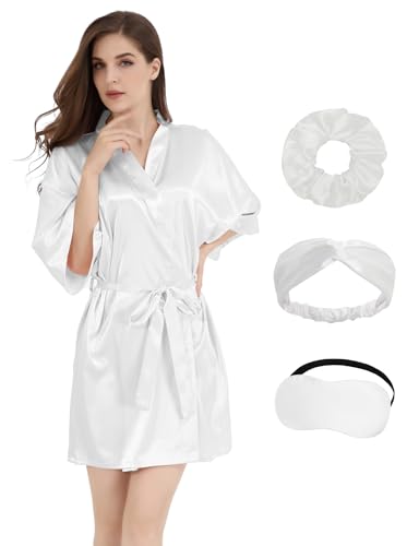 Image of MORFORU Women Bride Bridesmaid Silky Satin Kimono Robe Solid Color Sleepwear for Wedding Party Getting Ready, Short