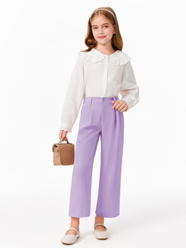 Image of Haloumoning Girls Uniform Pants Kids High Waisted Wide Leg Dress Pants Casual Trousers with Pockets 5-14 Years