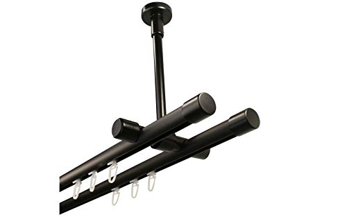 iso-design Gardinenstange Innenlauf schwarz 2-läufig Deckenmontage, 20 mm Durchmesser, großer Deckenabstand, Deckenhalter kürzbar, Endstück Kappe, 280 cm (2 x 140 cm)