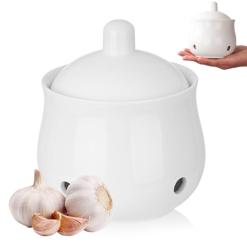 PRITOK Vaso per aglio in ceramica: contenitore per aglio con coperchio e fori di ventilazione, 372295428089450ML per cipolla traspirante, 11,4 x 9,5 cm