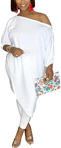 WOKANSE Women's Casual Off One Shoulder 2 Piece Jogger Sweatsuit Tracksuit Sets Loose Irregular Pullover Tops Long Pants White 2XL