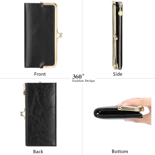 Image of Vintage Wallets for Women Large Bifold Kiss Lock Wallet for Women Leather Zip Clutch Coin Purse