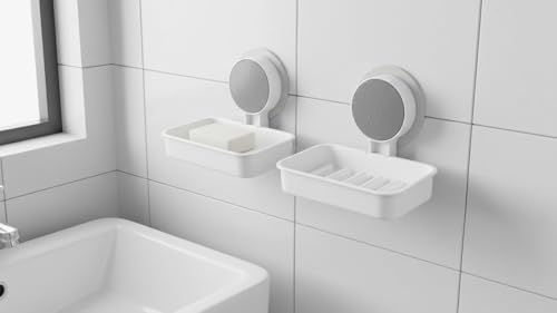 Image of Wall-Mounted Soap Holder with Waterproof Adhesive, Premium ABS Plastic, Removable Drain Tray, White (Pack of 2, Plastic Soap Dish Heavy)
