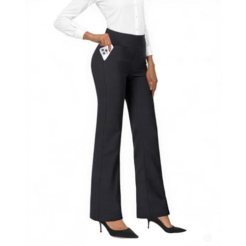 Womens Dress Work Pants Business Casual Office Pull on Trousers High Waist Wide Leg Stretchy Slacks with Pockets Deep Black XX-Large