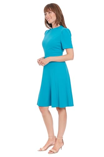 London Times Women's Dresses Women's Mock Neck Short Puff Sleeve Fit and Flare - Professional Work Dress - Wedding Guest Cocktail Dress, Barrier Reef, 82