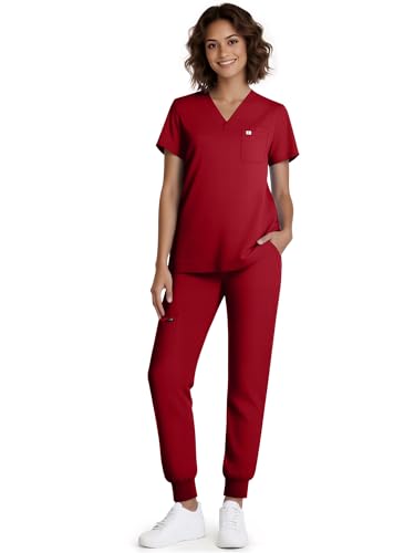 Eadflie Scrubs for Women Medical Scrubs Set - V-Neck Top & Jogger Pants with 5 Pockets Soft Stretch Woven fabric Side splits - (Red/L)