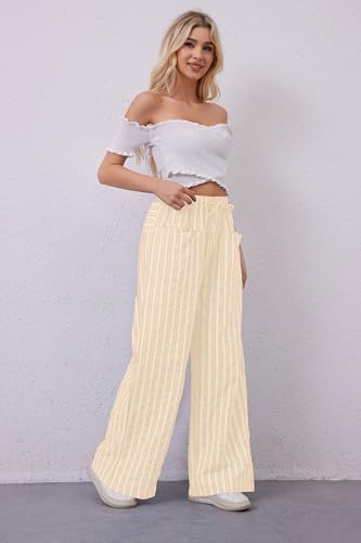 Image of MISSACTIVER Women Drawstring Striped Pants Loose Wide Leg Trousers Casual Low Waist Pants Comfy Lounge Pants with Pockets