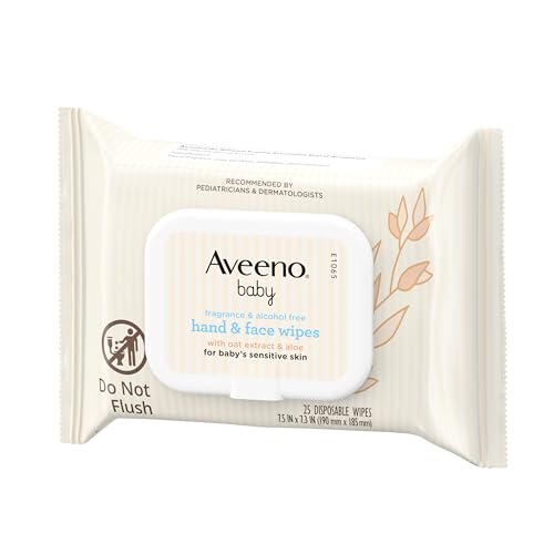 Image of Aveeno Baby Hand & Face Wipes, Oat Extract & Aloe, Fragrance Free, 25 ct | Cleansing & Moisturizing Baby Wipes for Sensitive Skin, No Added Sulfates, Alcohol, & Parabens, Hypoallergenic