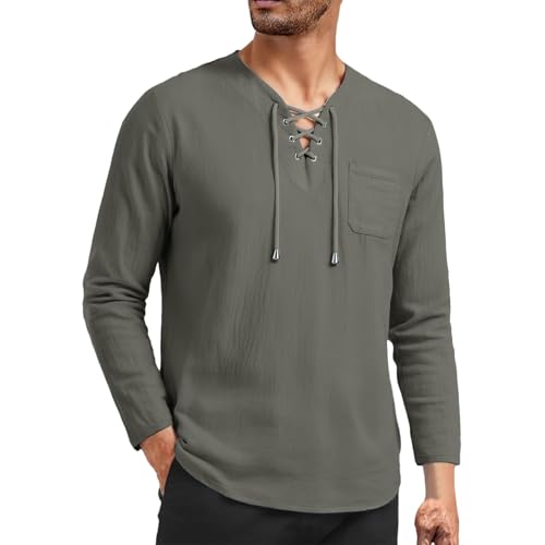 Camisa de manga larga con cordones y cuello en V para hombre, casual, con bolsillo, para vacaciones, playa, caqui, XL