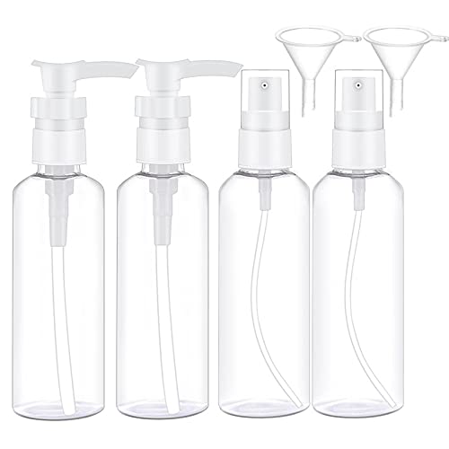 Synchain Spray Bottle and Pump Bottle - 3.4oz Plastic Refillable Transparent Travel Empty Spray Bottle Liquid Containers for Make-up Cosmetic Essential Oils Perfumes M/U Remover - 4 Packs