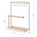 Portin Jewelry Organizer Display Stand Holder with Wooden Ring Tray and Hooks Storage Necklaces Bracelets, Rings, Watches Metal Desk Organizer Stand