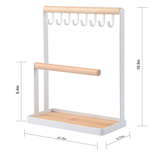 Portin Jewelry Organizer Display Stand Holder with Wooden Ring Tray and Hooks Storage Necklaces Bracelets, Rings, Watches Metal Desk Organizer Stand