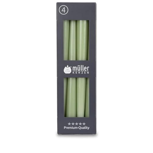 Müller Kerzen - Spitzkerzen Grün - 4er Set Tafelkerzen - 7 Stunden Brenndauer - 22 × 245 mm - Tropfarm Raucharm Duftfrei - Leuchterkerzen für Kerzenhalter & Tischdekoration - RAL-zertifiziert