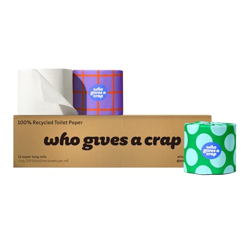 Who Gives A Crap 100% Recycled Paper 3 Ply 270 Sheets per Roll (Equals 12 Standard Rolls) Soft Strong Toilet Tissue for Bathroom Use