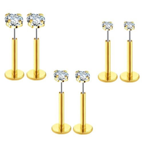 Azonee 6 Pcs Flat Back Earrings, 3 Different Sizes Stud Threadless Tragus Cartilage Lip Medusa Hole Jewelry Hypoallergenic (Gold)